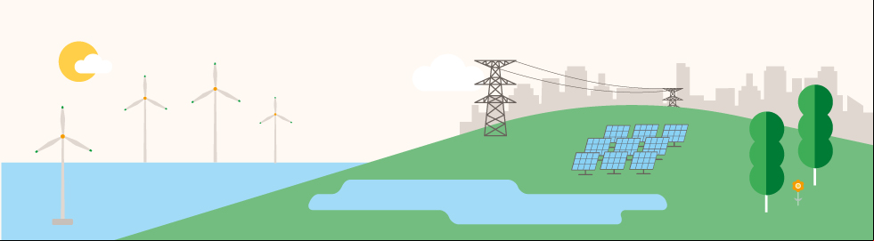 Ilustração de um parque eólico offshore, redes e uma usina fotovoltaica.