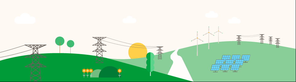 Ilustração de um parque eólico em terra e uma usina fotovoltaica.