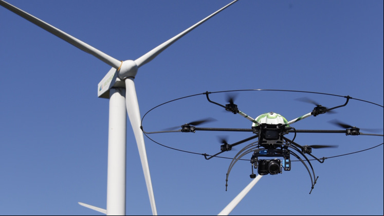 The arachnocopter drone detects any incidents with a wind turbine's blades.
