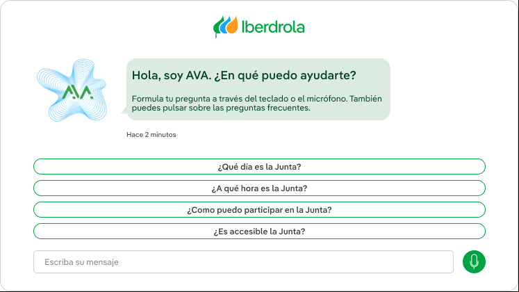 AVA permite introducir la consulta por escrito o por voz*, además de mostrar las preguntas más frecuentes.